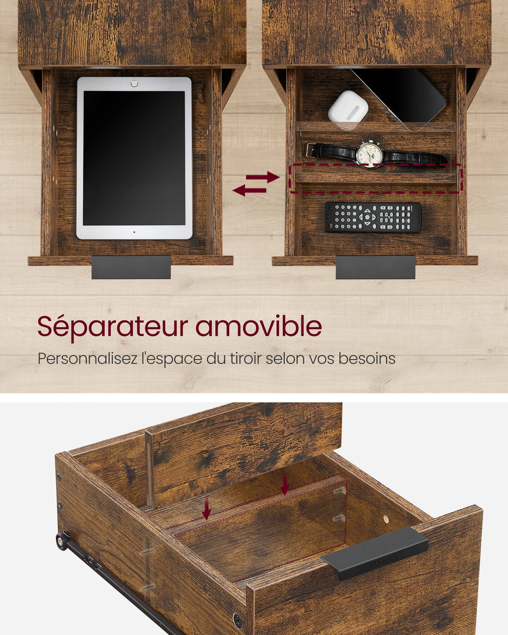 Table de chevet fine avec multiprise et 2 tiroirs