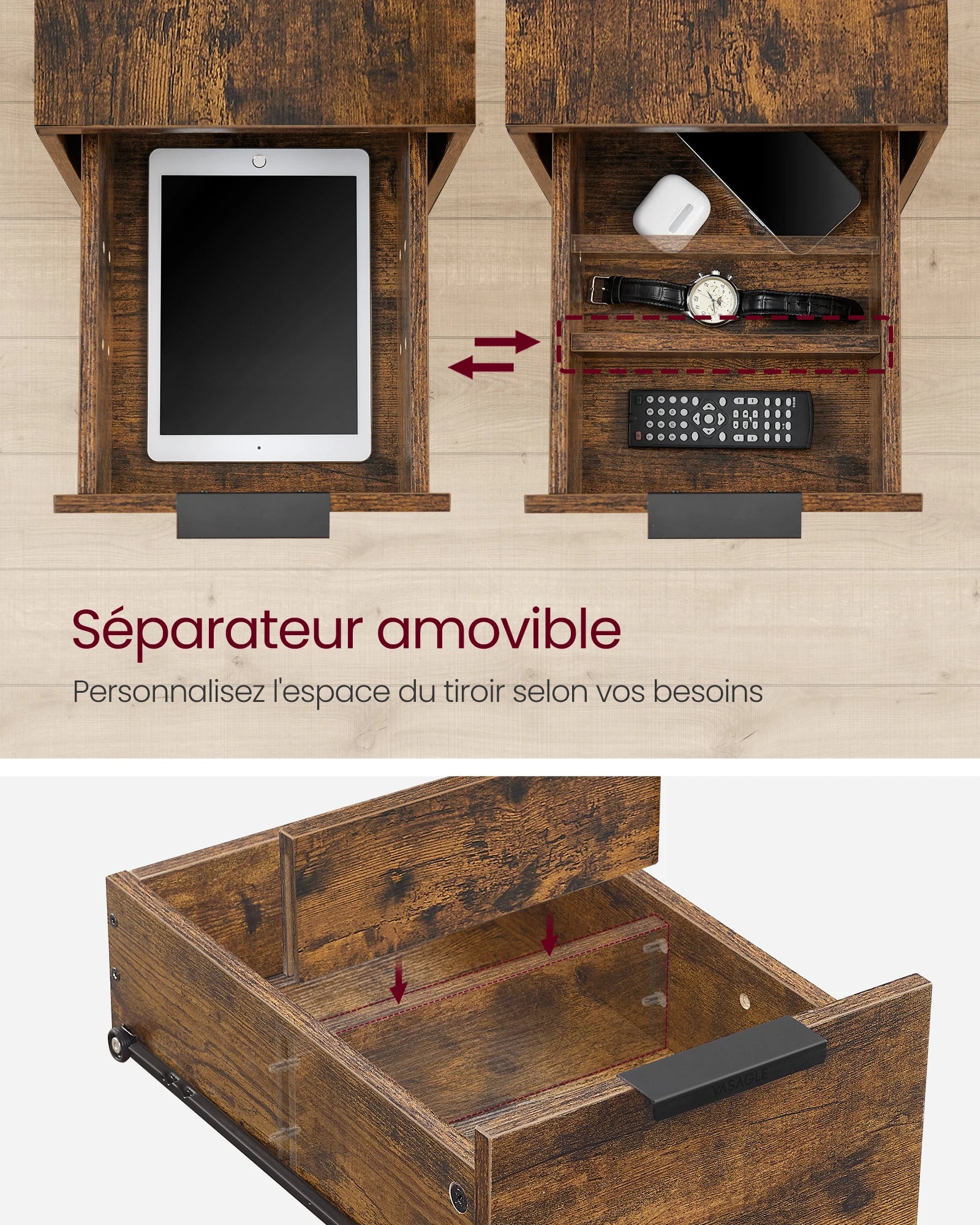 Table de chevet fine avec multiprise et 2 tiroirs
