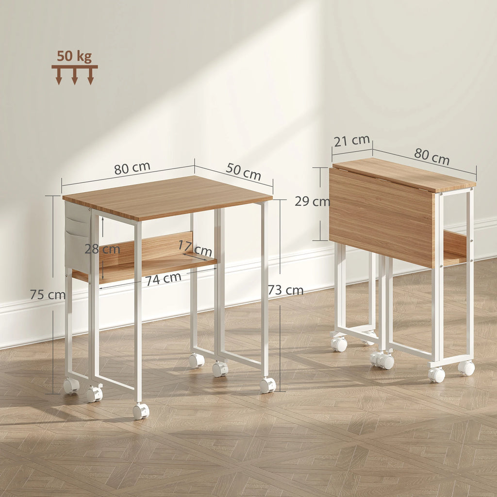 Bureau pliable sur roulettes avec rangement 80 × 50 cm