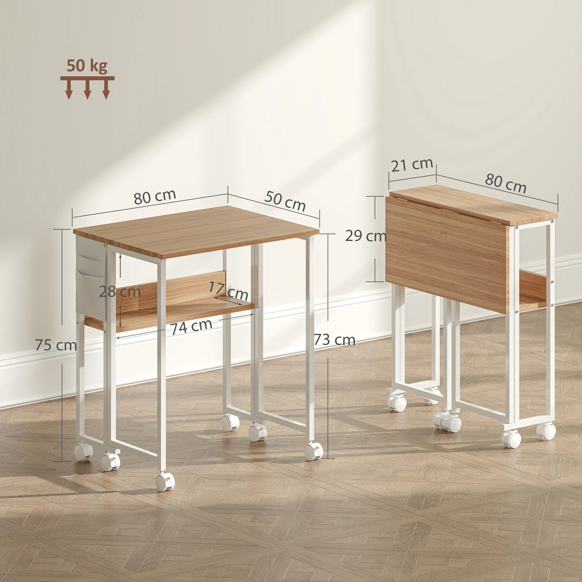 Bureau pliable sur roulettes avec rangement 80 × 50 cm