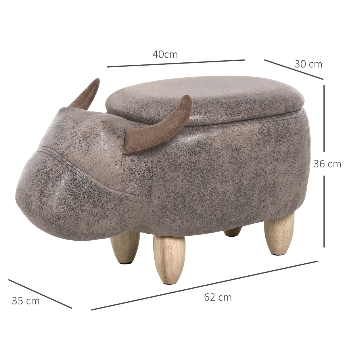 Pouf vache avec coffre de rangement, brun aspect daim — dimensions du modèle