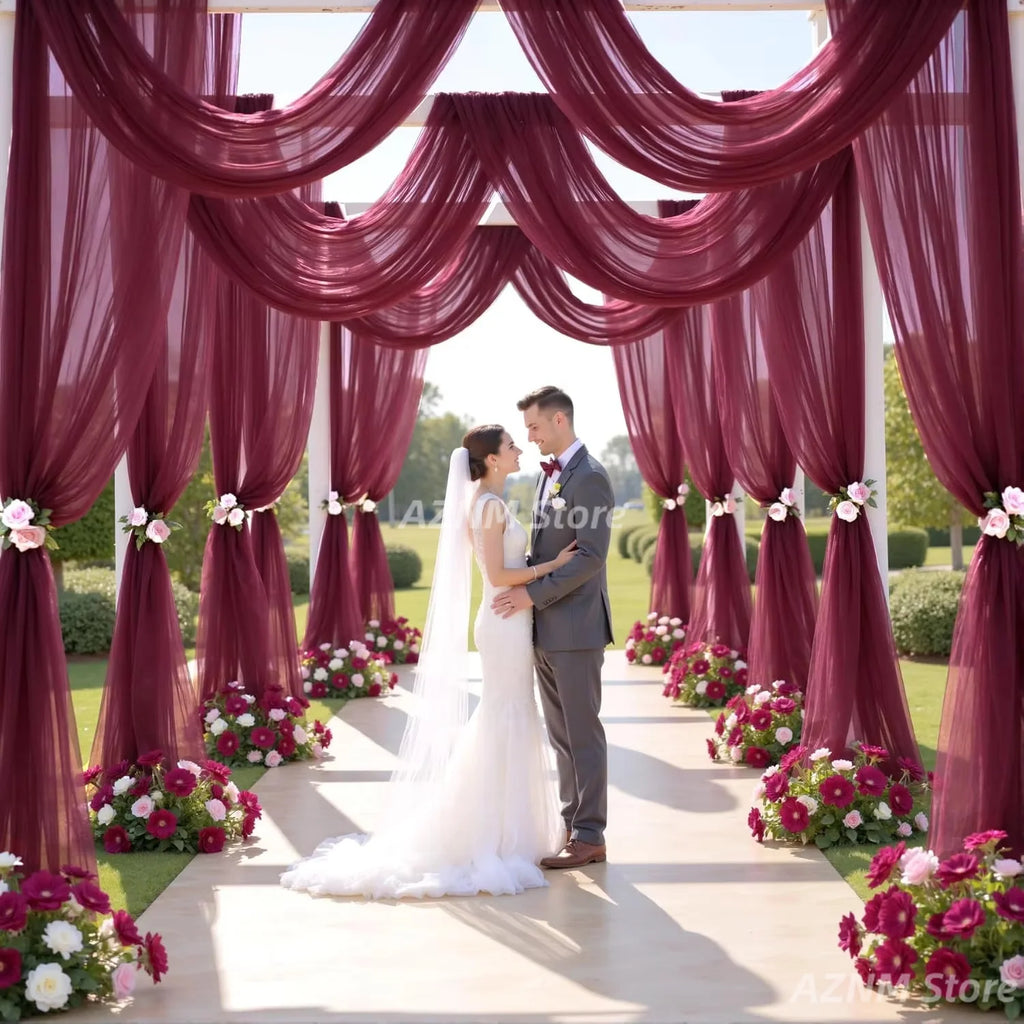 Draperie en tulle bordeaux en arcs, panneaux transparents pour arche de cérémonie