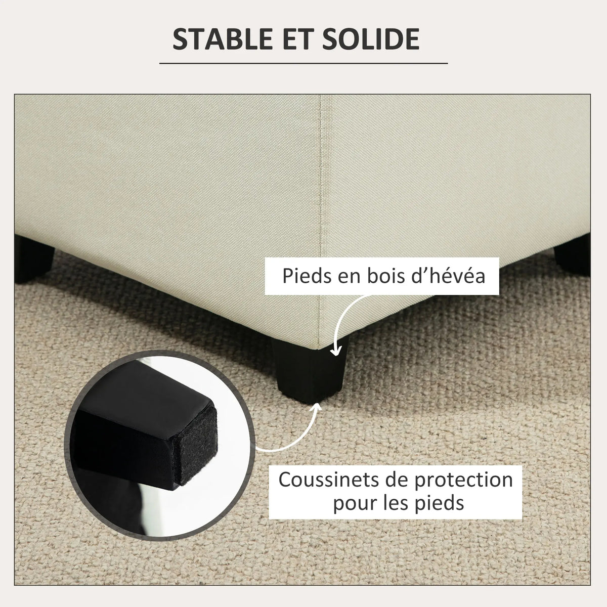 Pouf repose-pieds crème avec poche latérale, 35 cm — piètement et patins