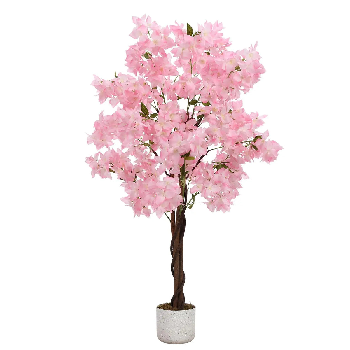 Arbre artificiel de cerisier en pot, fleurs roses très claires, feuilles vertes, tronc brun