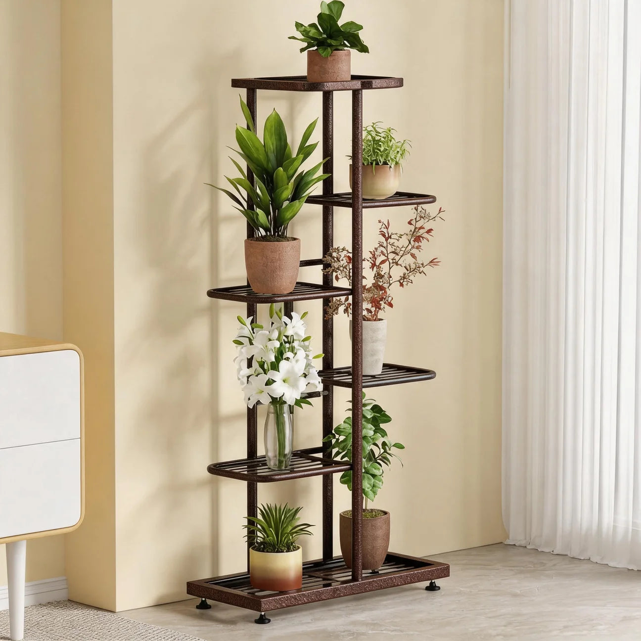 Support à plantes vintage en bois et métal à 5 niveaux