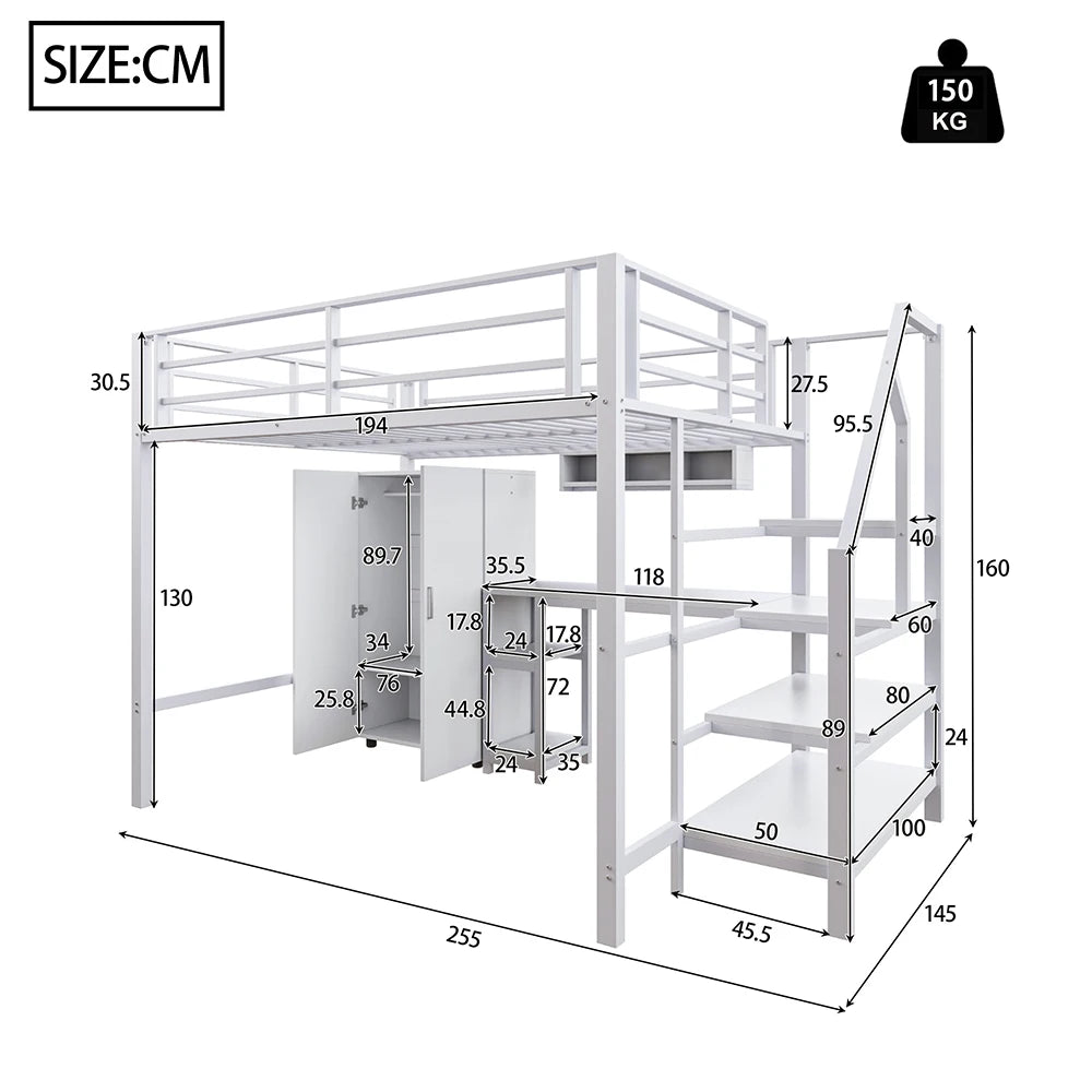 Lit mezzanine 140 × 200 cm avec bureau et placard