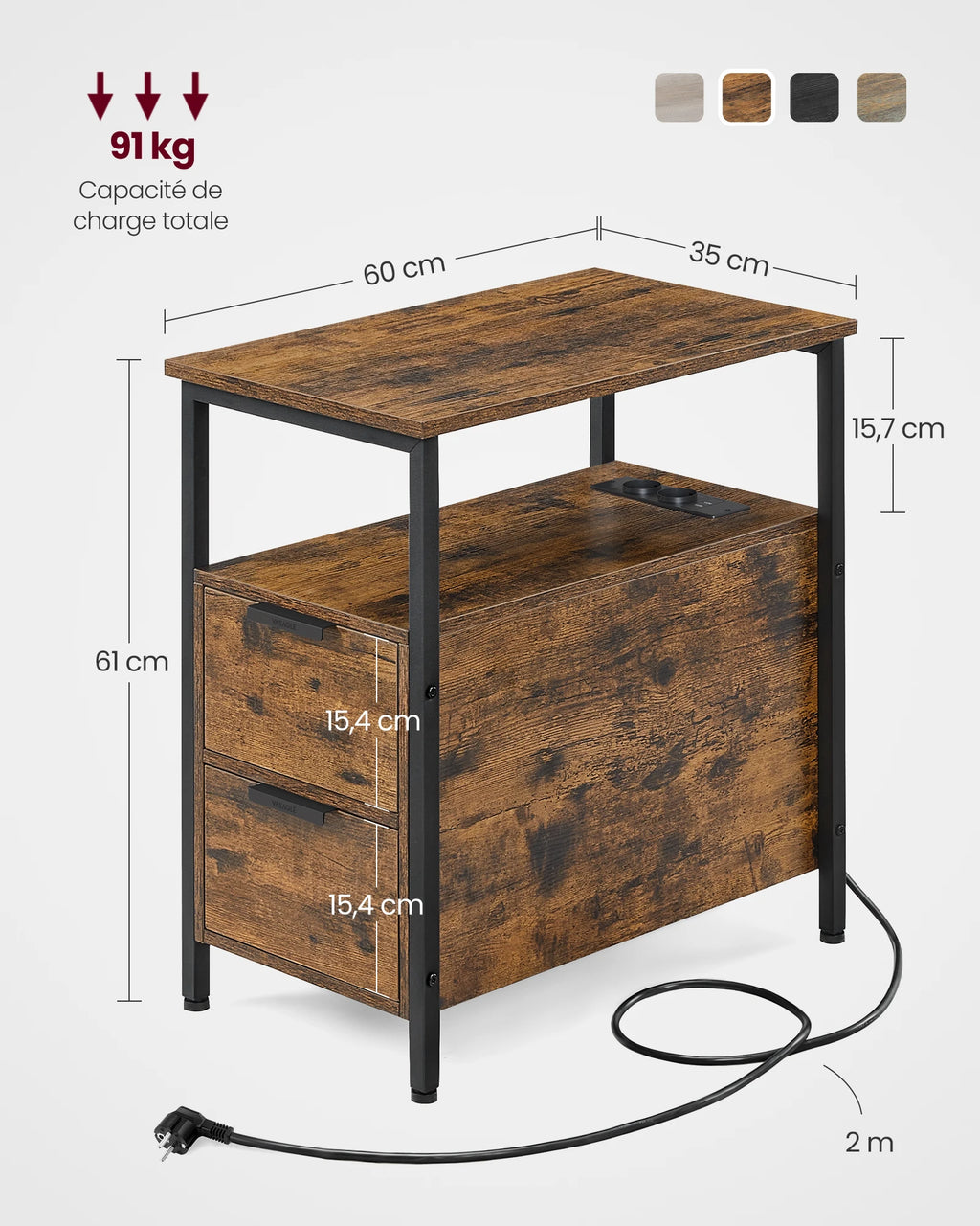 Table de chevet fine avec multiprise et 2 tiroirs