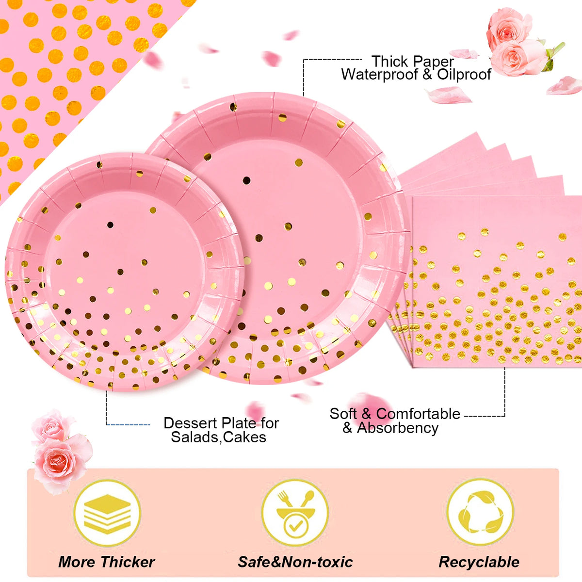 Vaisselle de fête rose et dorée à pois : détails des motifs sur assiettes et serviettes.