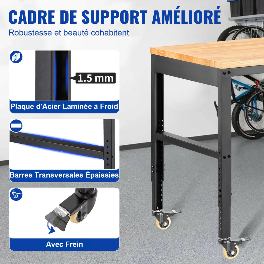 Établi réglable en hauteur avec plateau en chêne