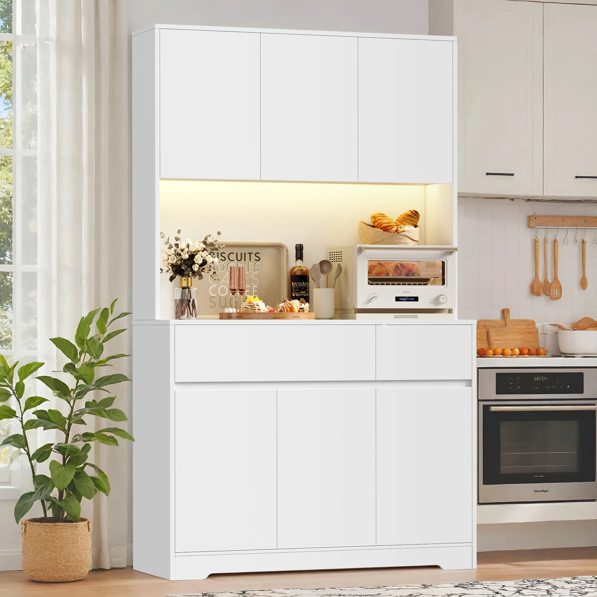 Vaisselier de cuisine avec LED, 6 portes et 2 tiroirs – 180 cm