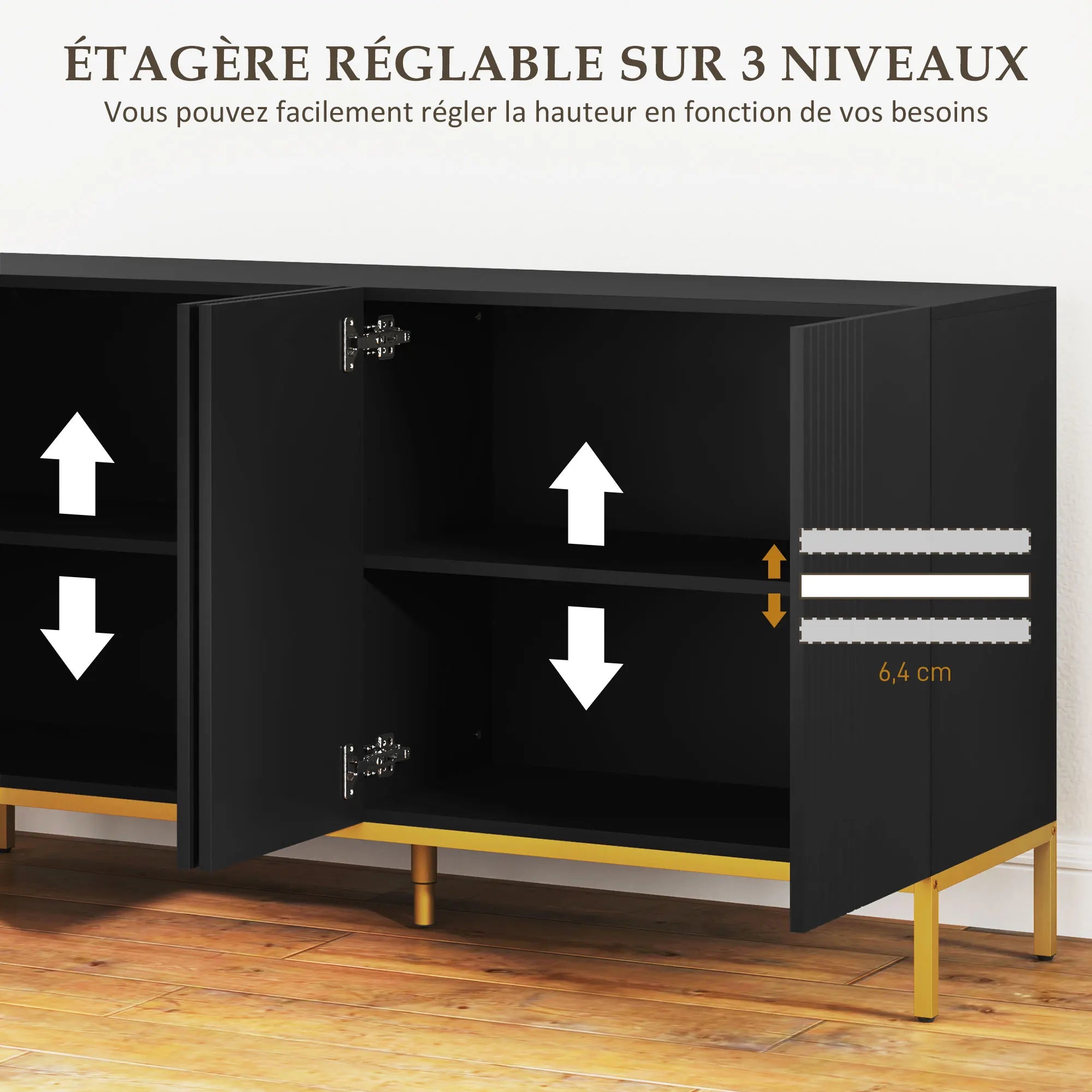 Buffet noir et doré à 2 placards réglables