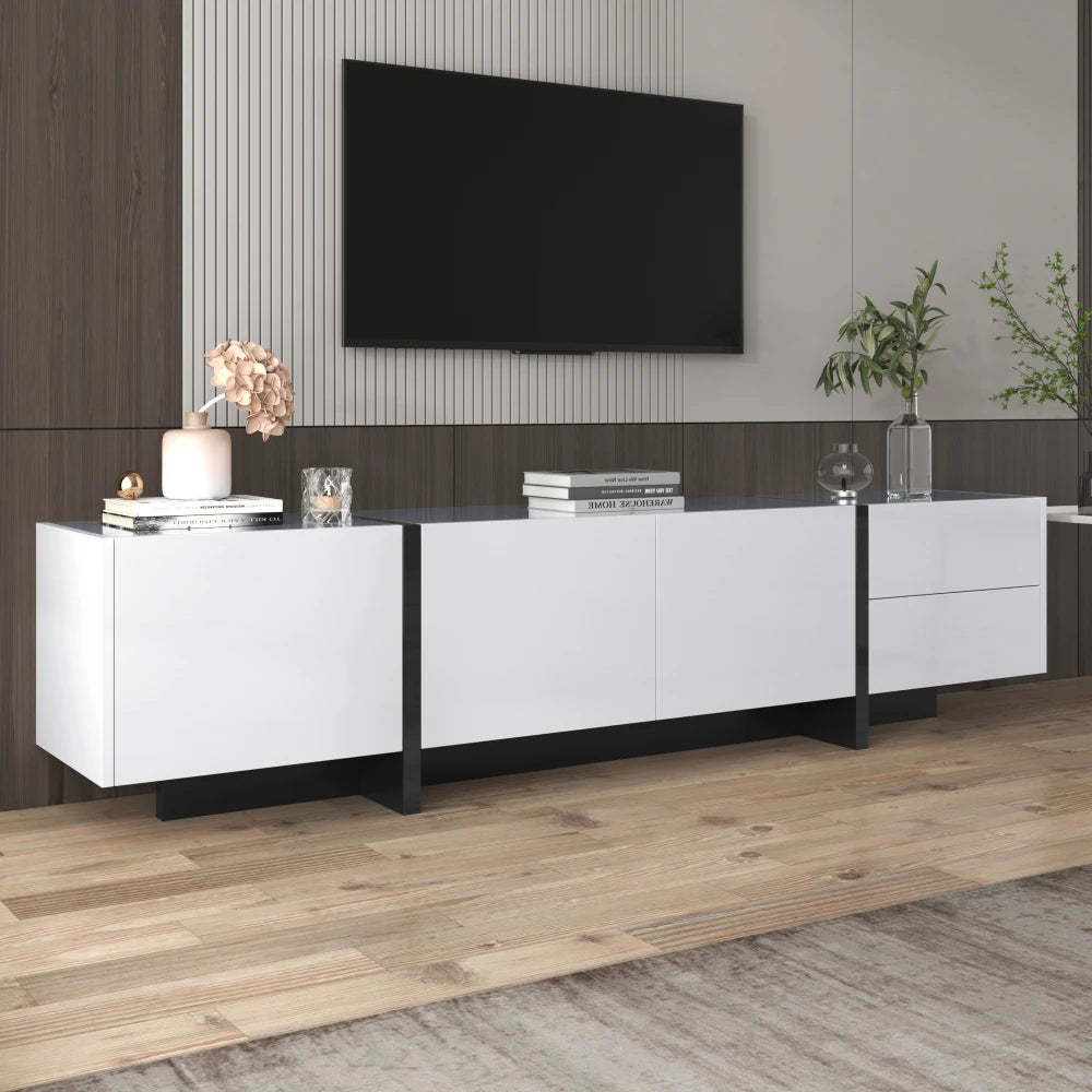 Meuble TV bas de 190 cm aux façades blanches et noires, visuel 10