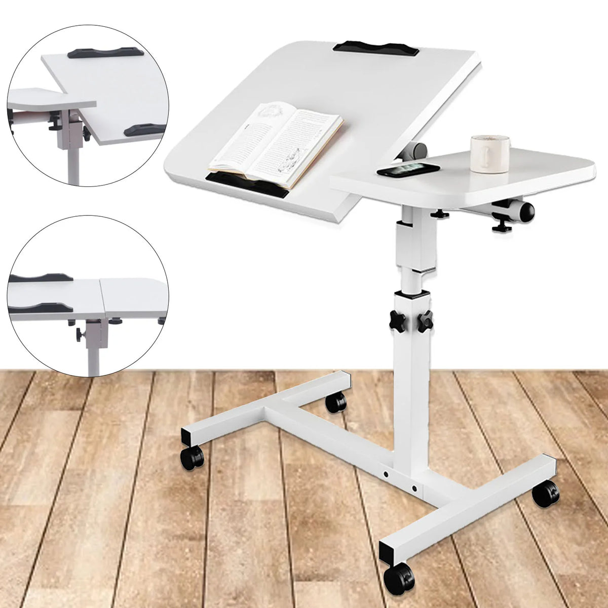 Bureau mobile blanc à plateau inclinable pour ordinateur — configuration du plateau