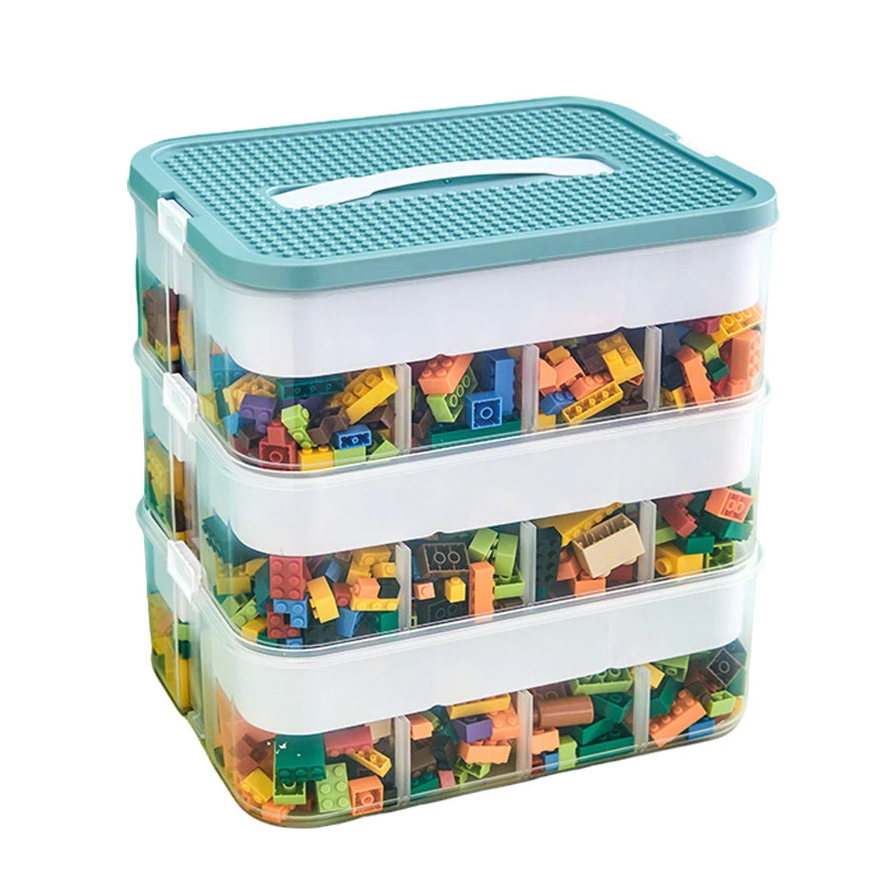 Boîte de rangement à 3 étages en plastique transparent, couvercle bleu-vert