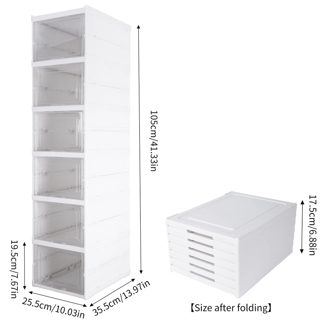 Meuble à chaussures pliable à 6 niveaux, blanc — colonne blanche à portes transparentes