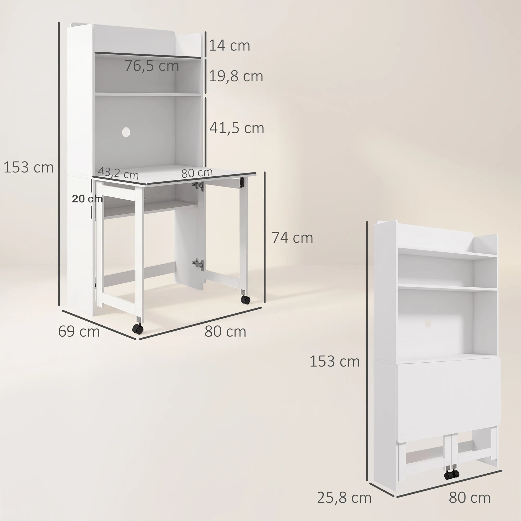 Bureau compact à plateau rabattable et étagères