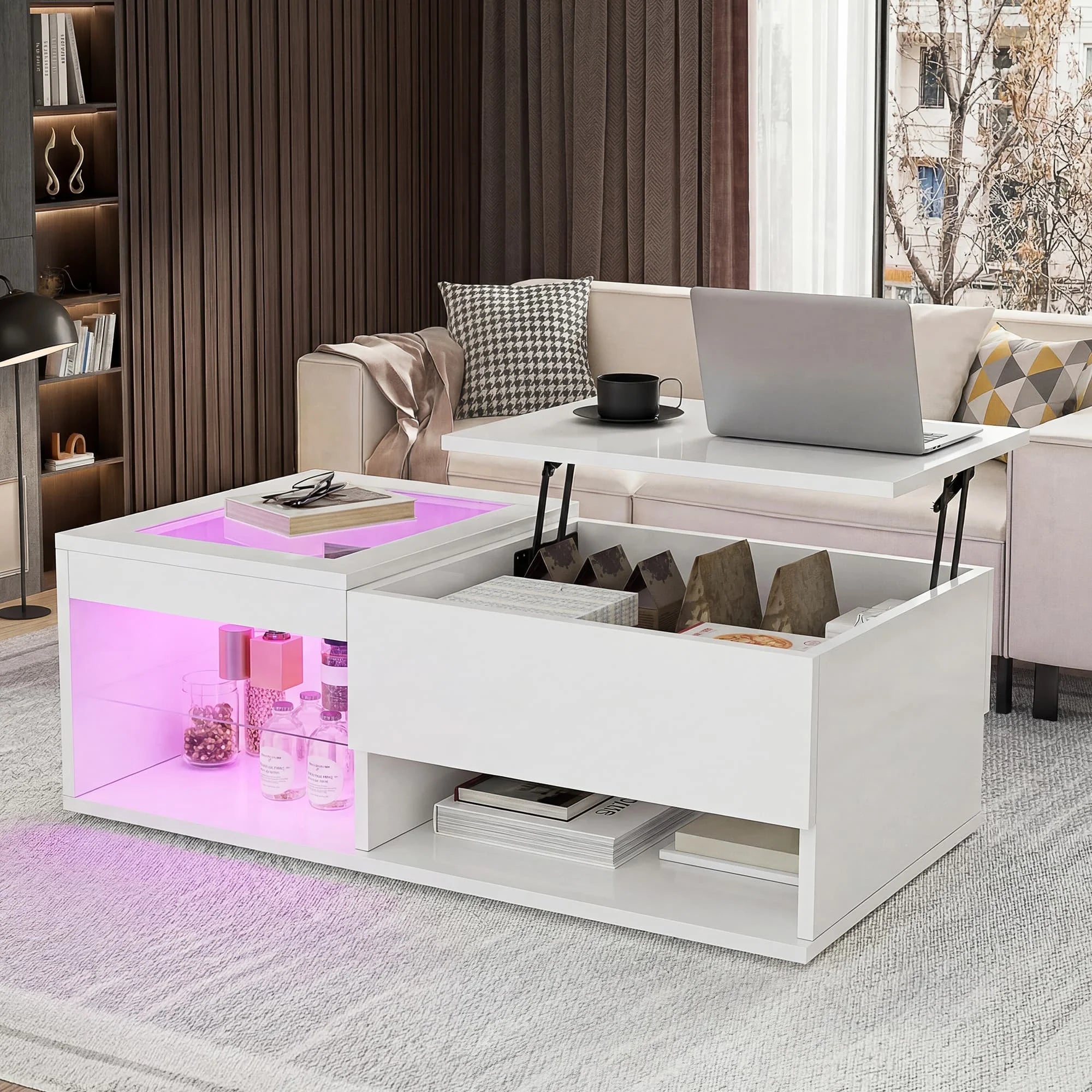 Table basse relevable LED avec rangement 100 × 55 cm