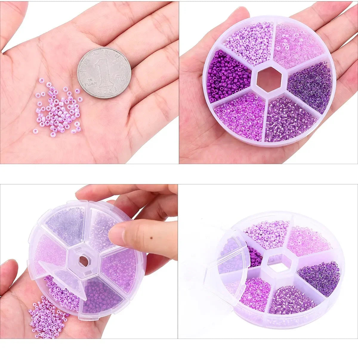 Boîte de perles de riz en verre violet, avec poignée de perles sur la main