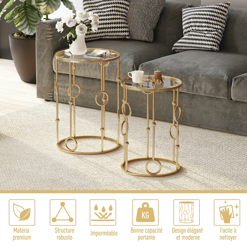 Lot de 2 tables gigognes en verre et métal doré