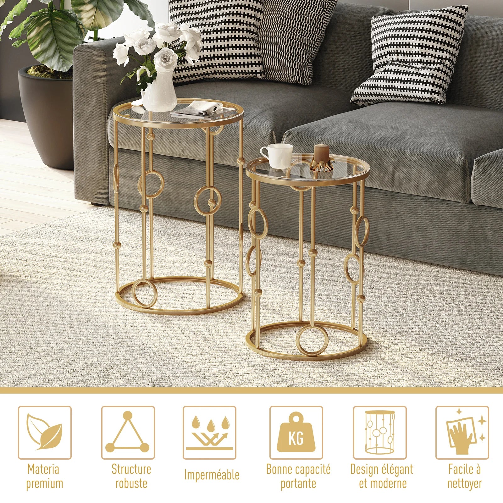 Lot de 2 tables gigognes en verre et métal doré