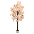 Arbre artificiel de cerisier en pot, fleurs pêche clair, feuilles vertes, tronc brun