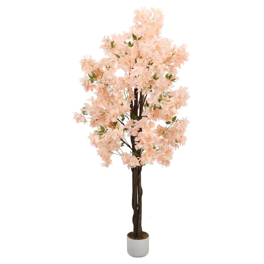 Arbre artificiel de cerisier rose clair en pot, fleurs volumineuses et branches fines.