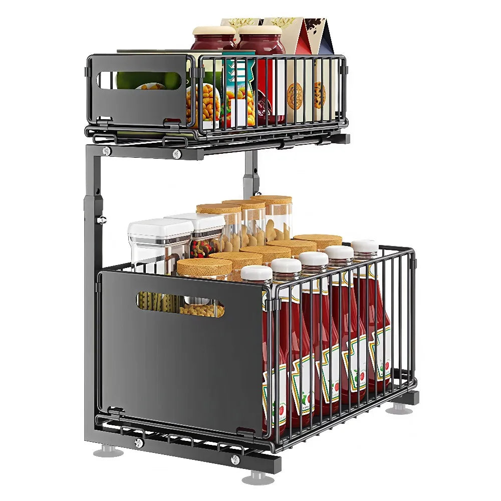 Rangement Coulissant Sous Évier Réglable Double Tiers Pour Cuisine