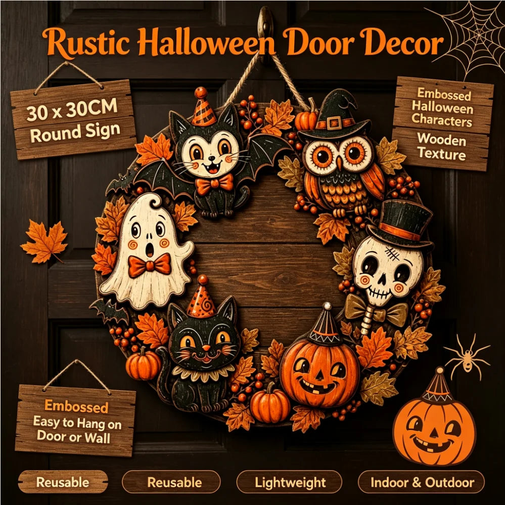 Couronne Halloween en bois, citrouilles et fantômes, 30 cm — couronne décorée