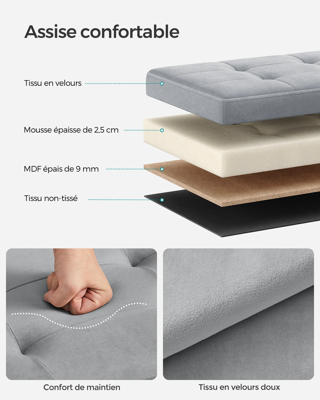 Banc coffre pliable 110 cm avec assise rembourrée — couches de l’assise