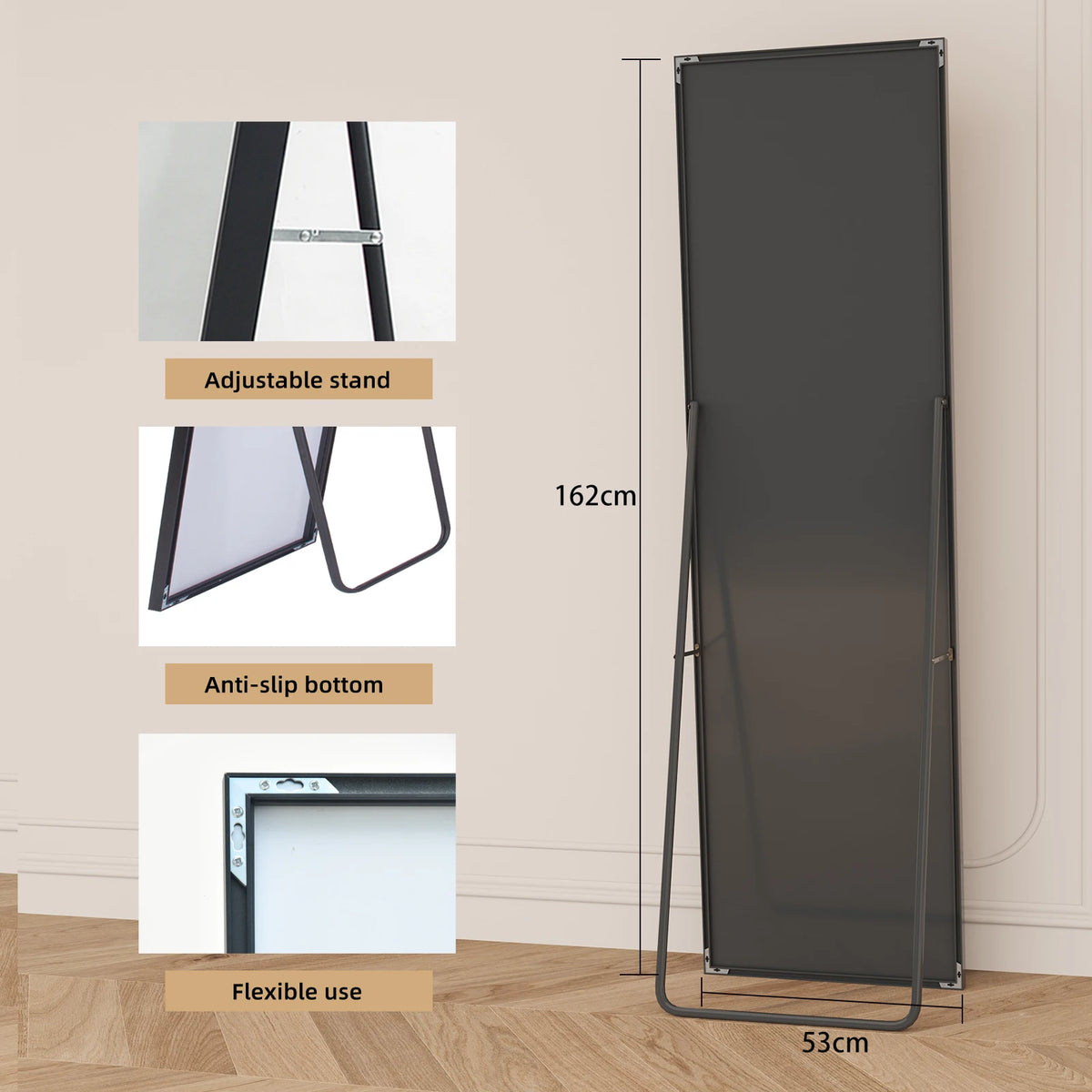 Grand miroir mural rectangulaire avec cadre noir, 162 × 53 cm, visuel 8