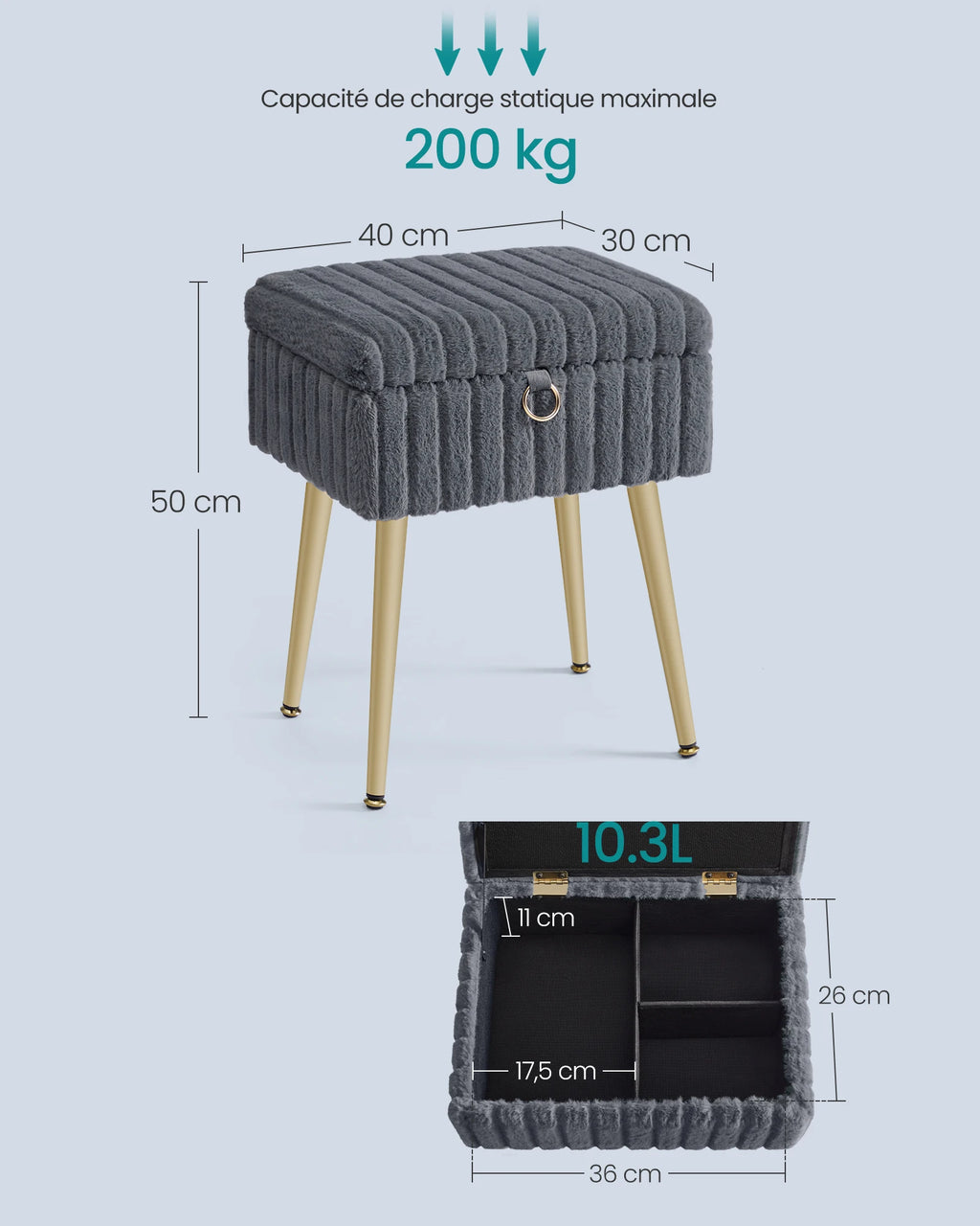 Tabouret de coiffeuse avec rangement et pieds dorés — dimensions et charge indiquées par le fournisseur