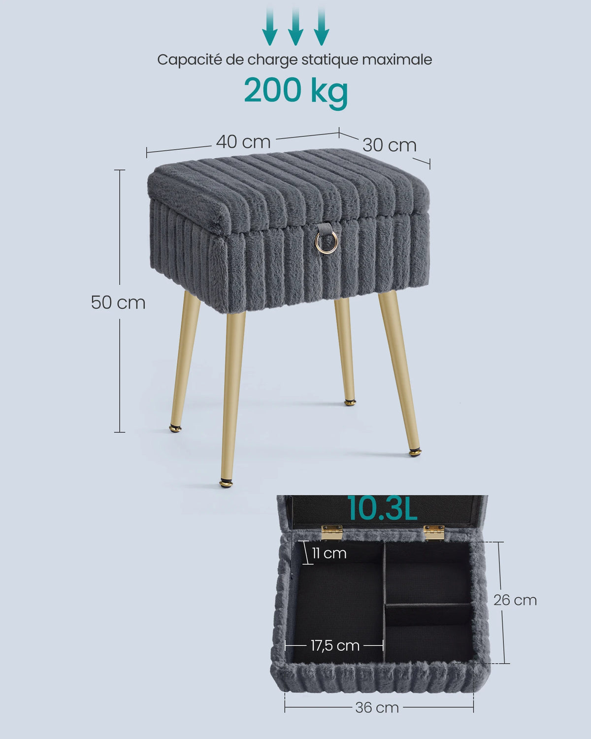 Tabouret de coiffeuse avec rangement et pieds dorés — dimensions et charge indiquées par le fournisseur