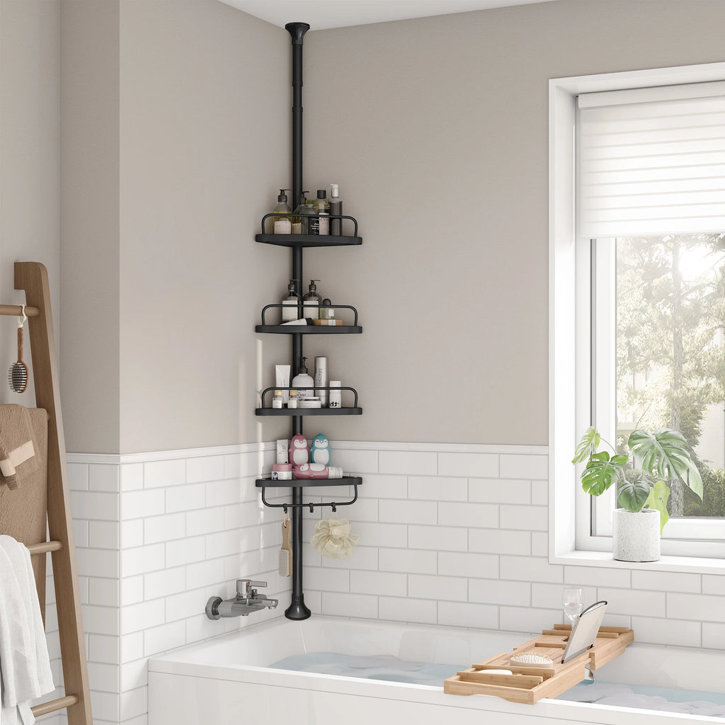 Étagère de douche noire, 4 niveaux télescopiques — étagère noire installée près d’une baignoire