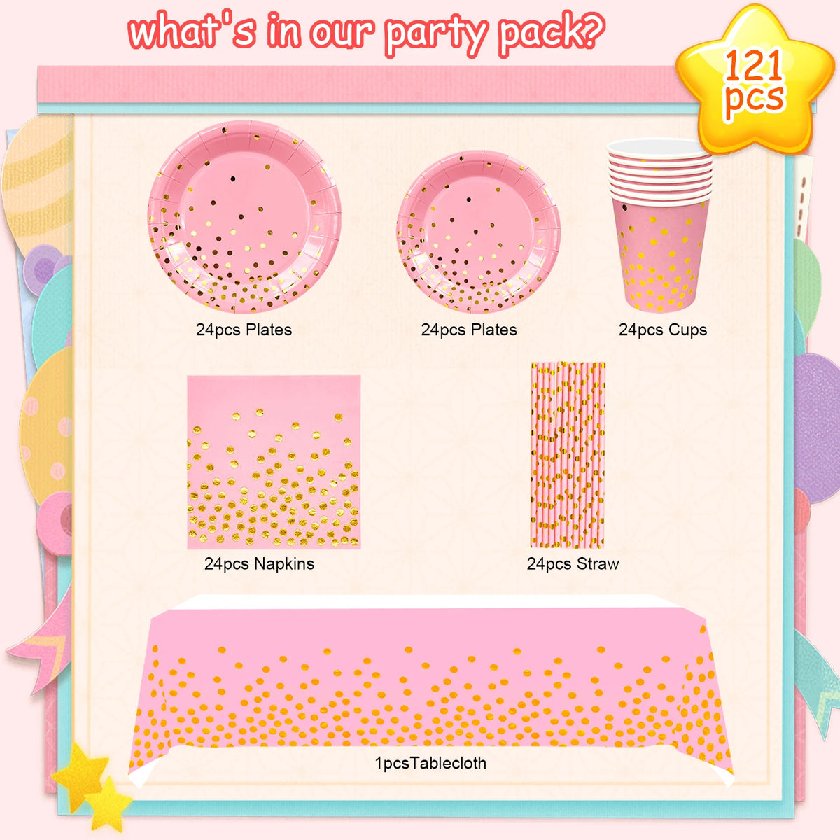 Vaisselle de fête rose et dorée à pois : visuel fournisseur de composition indiquant 121 pièces.