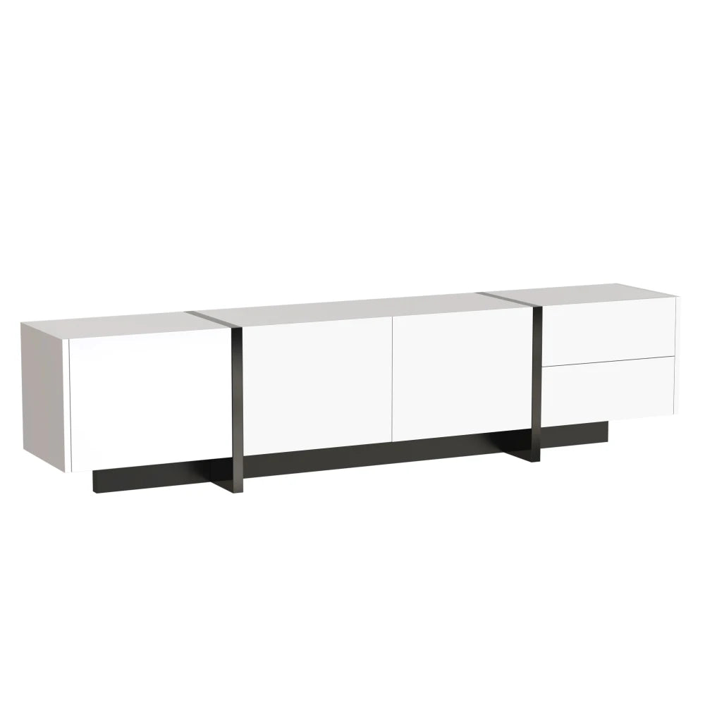 Meuble TV bas de 190 cm aux façades blanches et noires, visuel 2