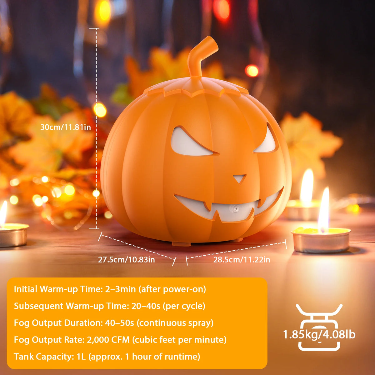 Machine à fumée citrouille Halloween 600 W avec LED RGB — citrouille orange et dimensions