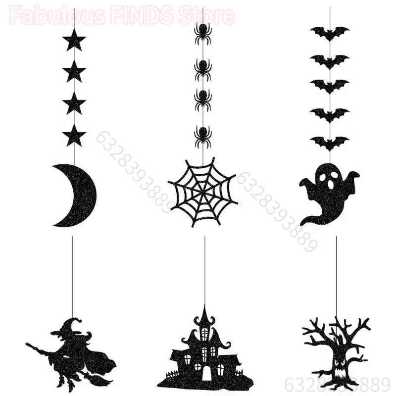 Les six motifs de suspension Halloween présentés sur fond blanc