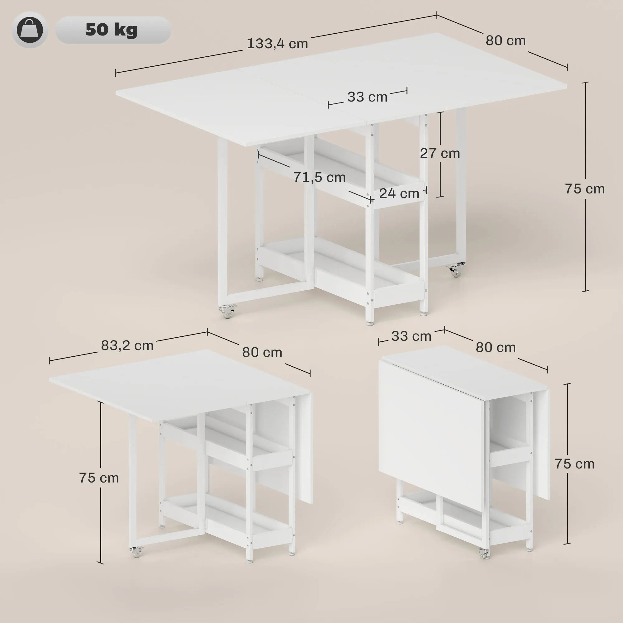 Table à manger pliante sur roulettes pour 4 personnes