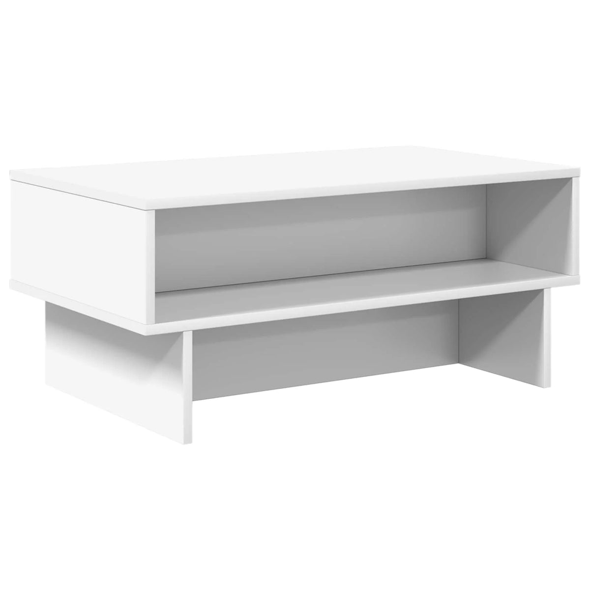 Table basse blanche avec rangement ouvert, 80 cm — vue de trois quarts