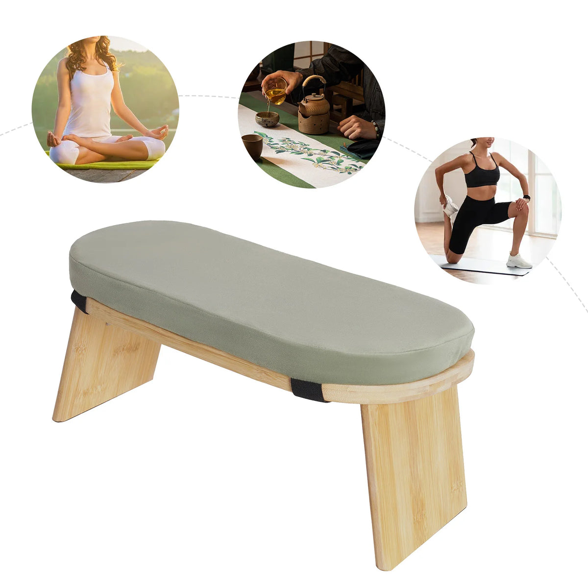 Banc de méditation pliable en bambou avec assise rembourrée — assise verte et pieds déployés