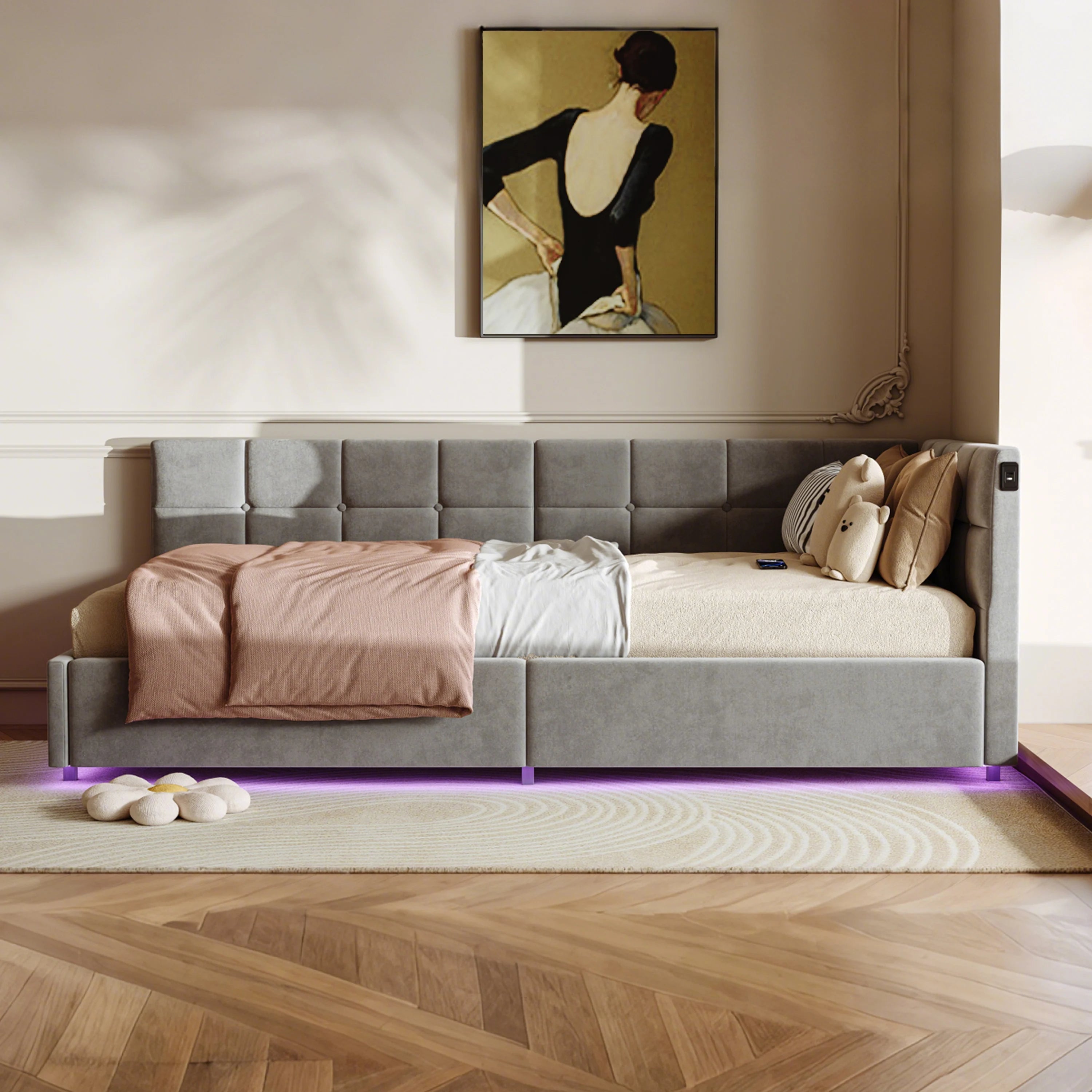 Lit banquette 90 × 200 cm avec LED, USB et rangement