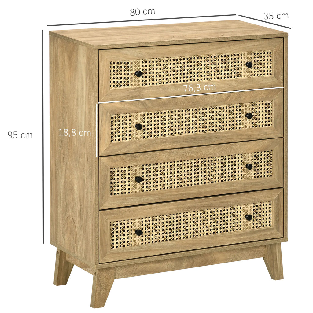 Commode 4 tiroirs en bois clair et cannage rotin