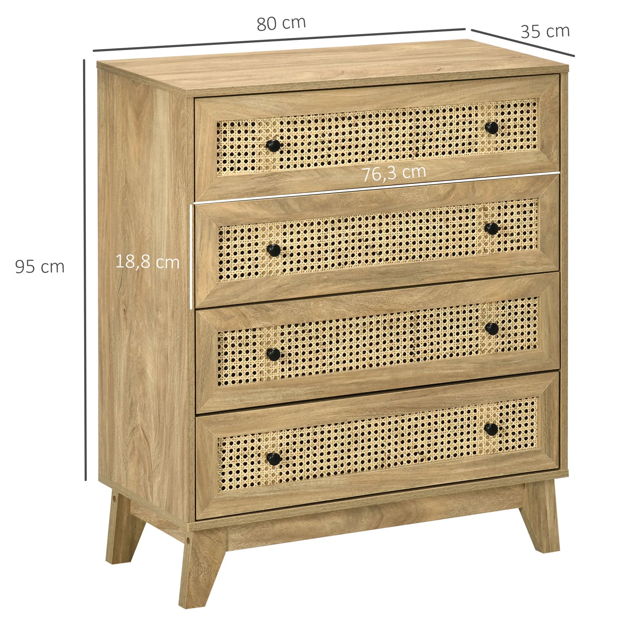Commode 4 tiroirs en bois clair et cannage rotin