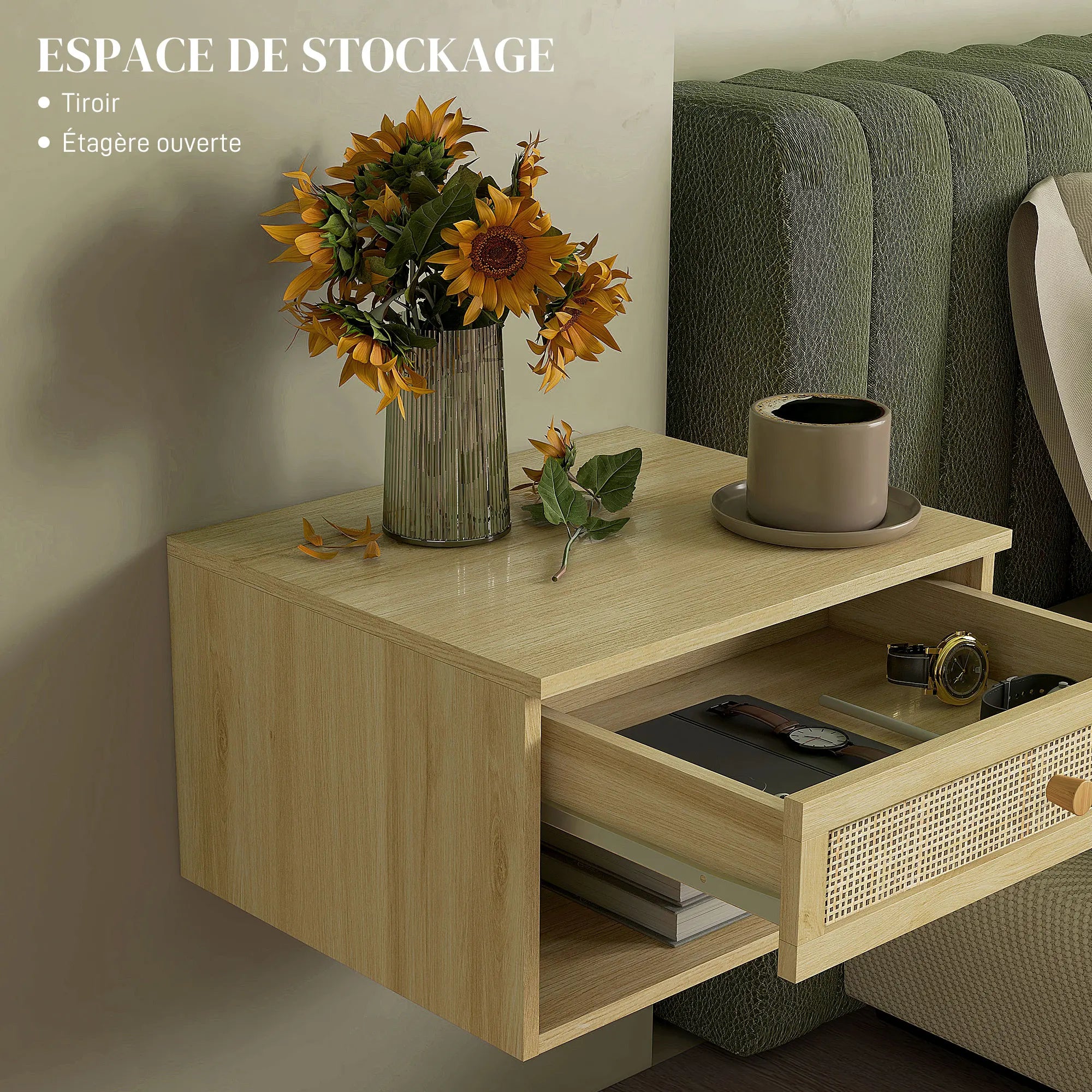 Lot de 2 chevets muraux avec façade effet rotin