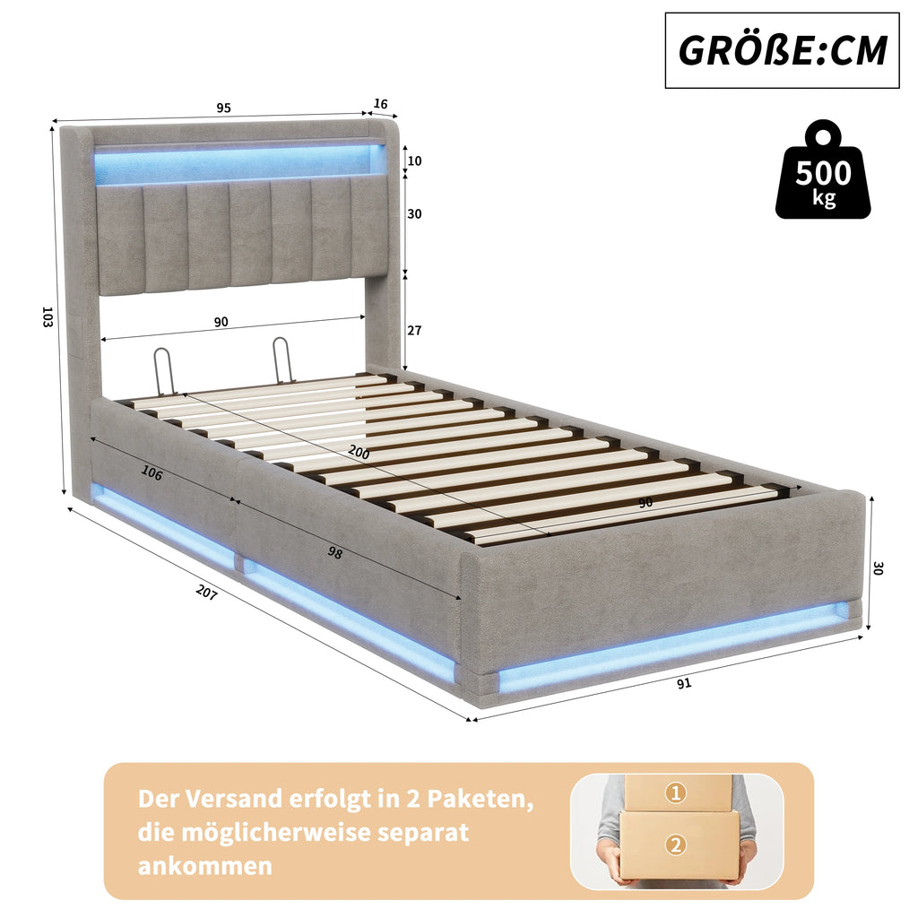 Lit coffre 140 × 200 cm avec LED et port USB