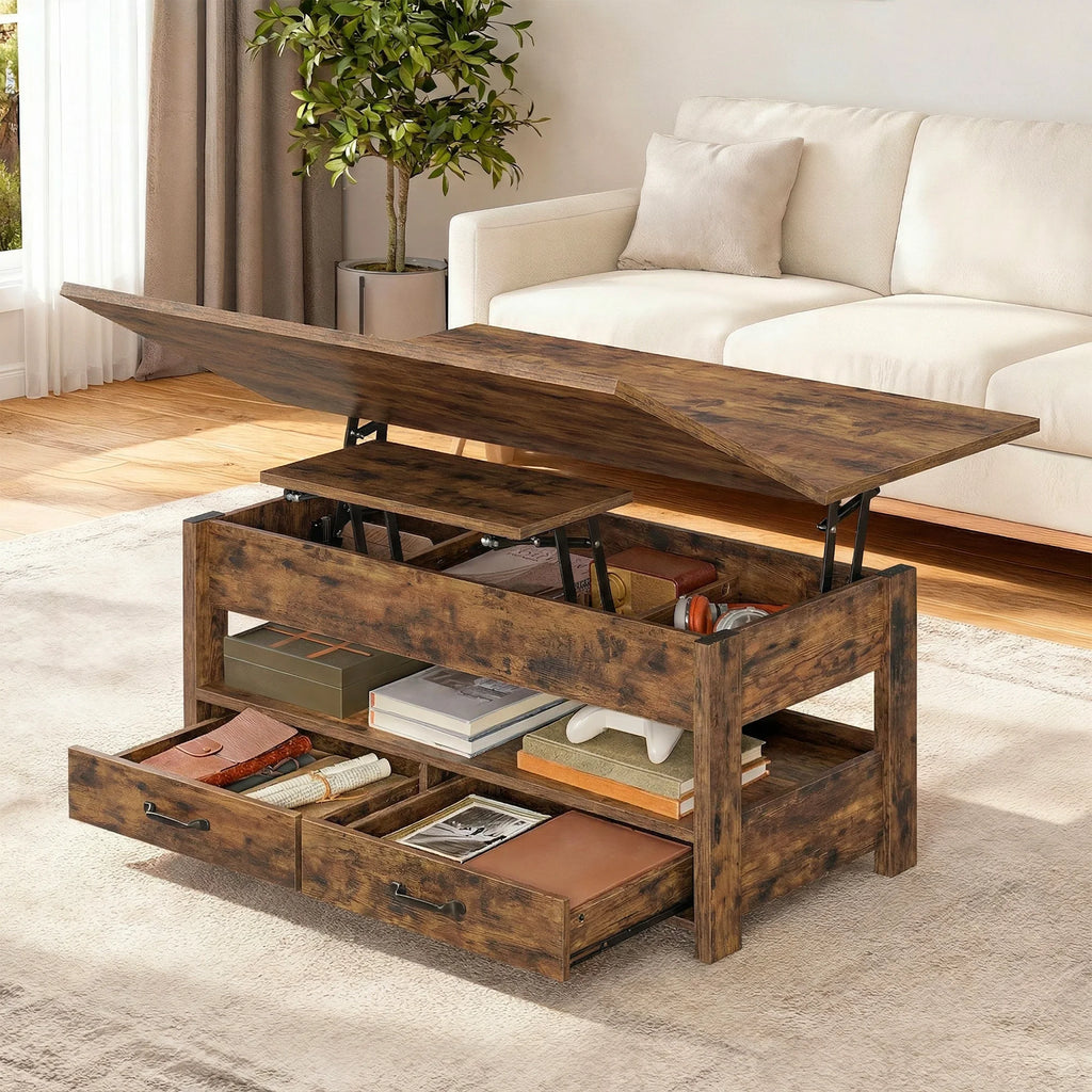 Table basse relevable à vérin avec 2 tiroirs