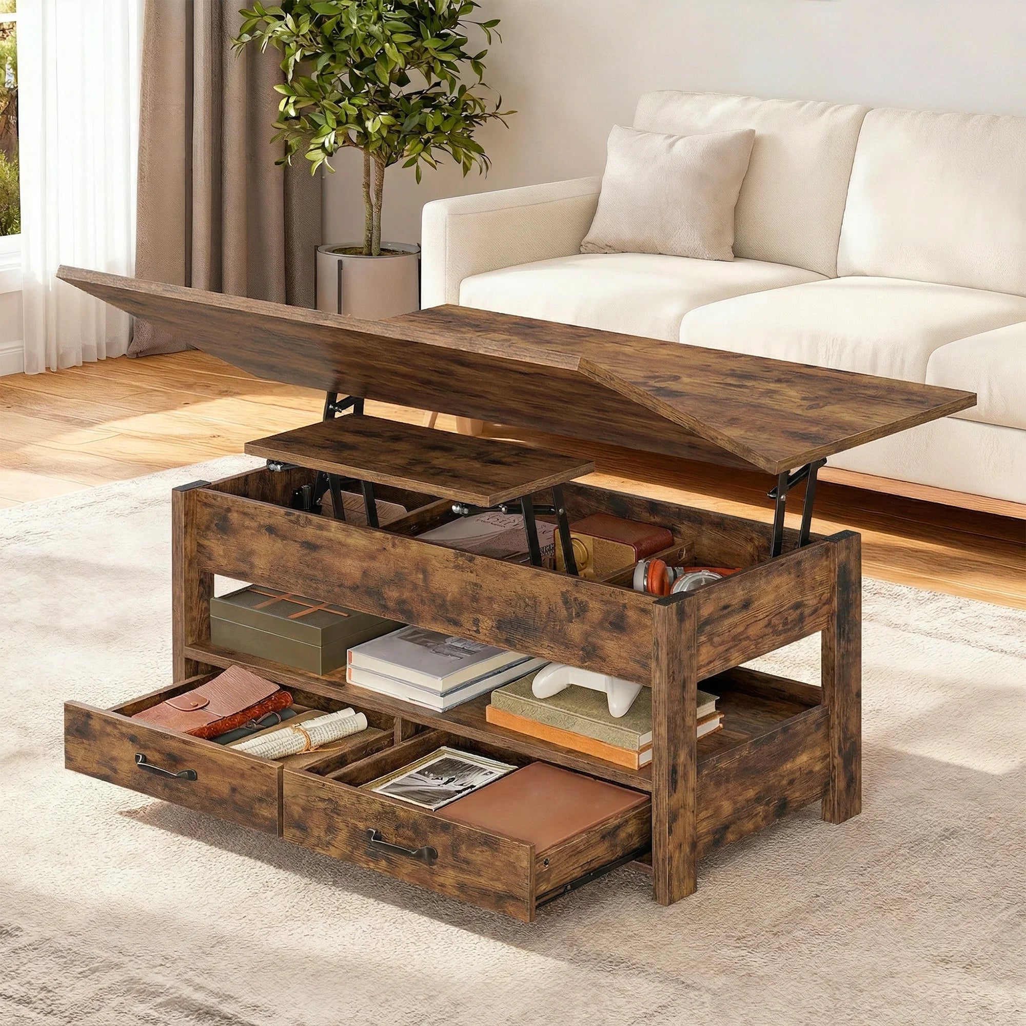 Table basse relevable à vérin avec 2 tiroirs