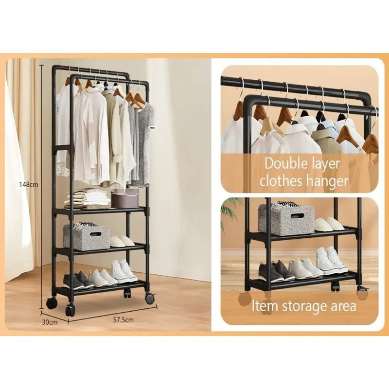 Portant compact noir à double barre et 3 étagères — schéma du portant compact