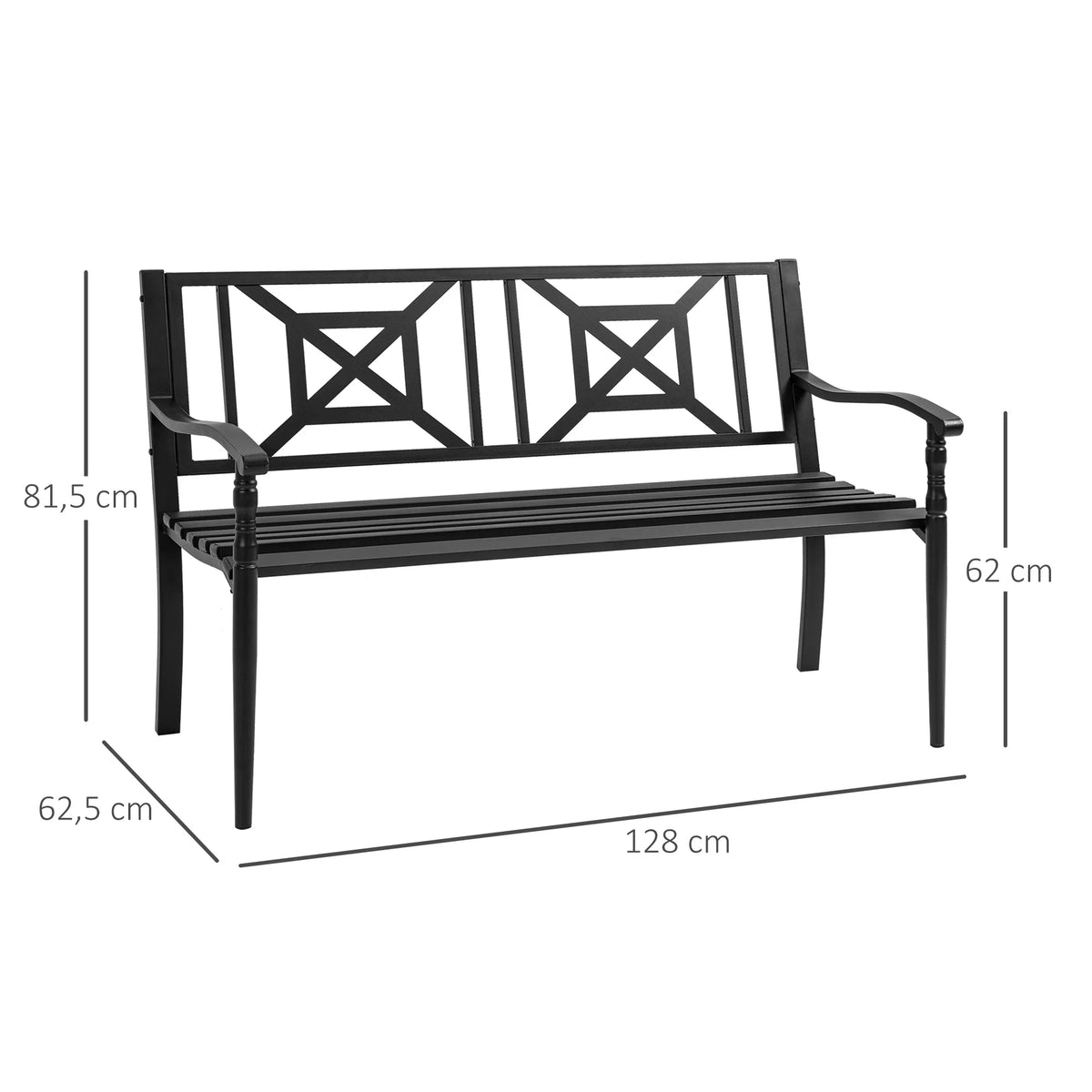 Banc de jardin noir 2 places, accoudoirs courbés et assise à lattes