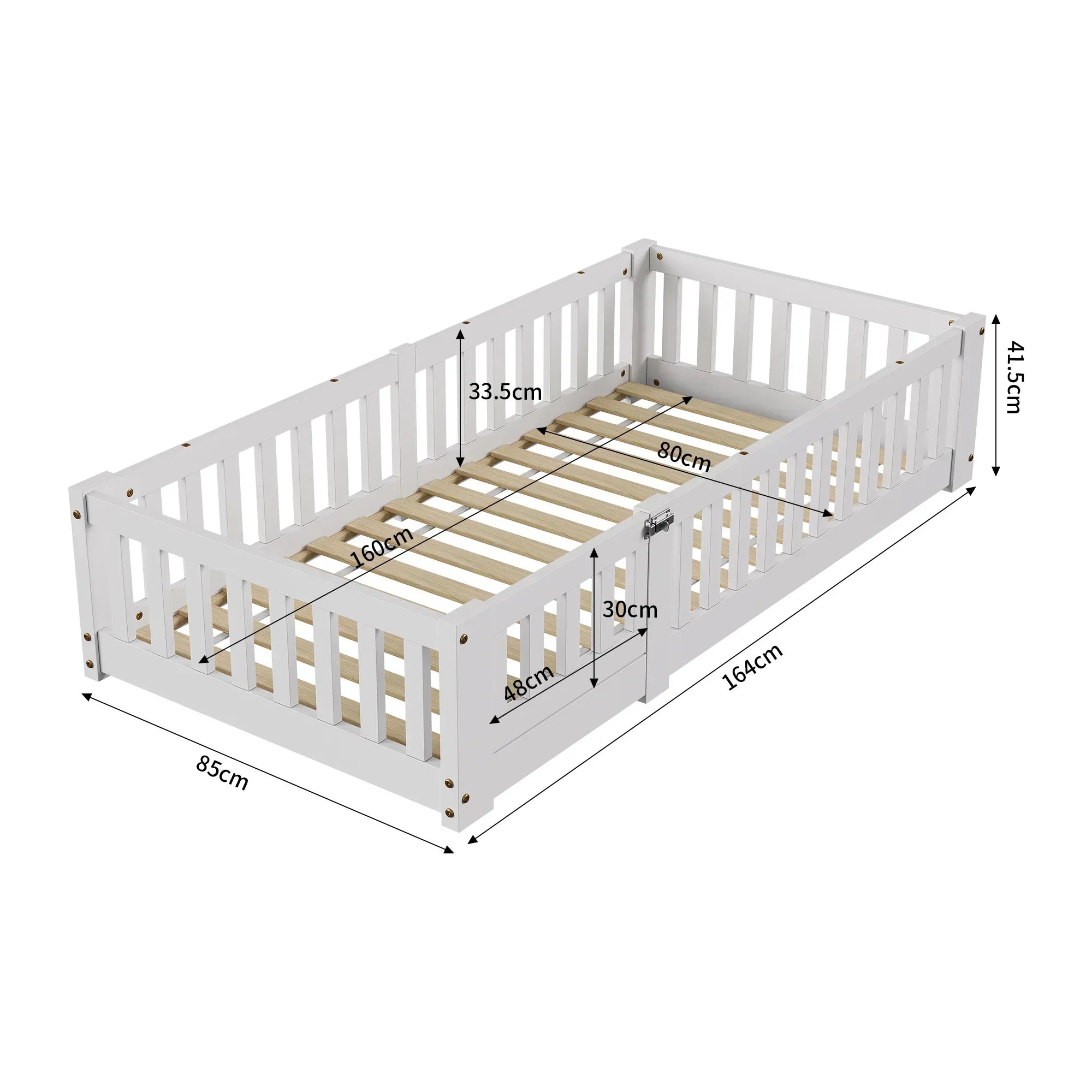 Lit Montessori en pin avec barrières et porte